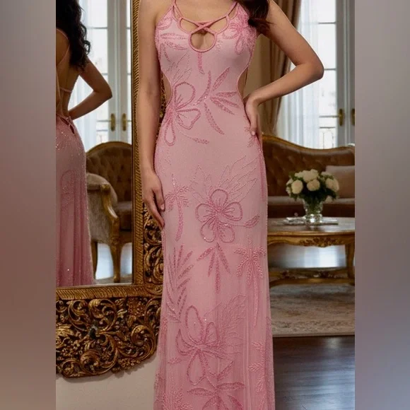 Attitudes by Debra chic Pink hand beaded long Dress